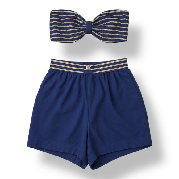 Vintage 80s Nautical Blue Gold Stripe High Waist Swimsuit Playsuit Size 10 USA - Picture 2 of 12